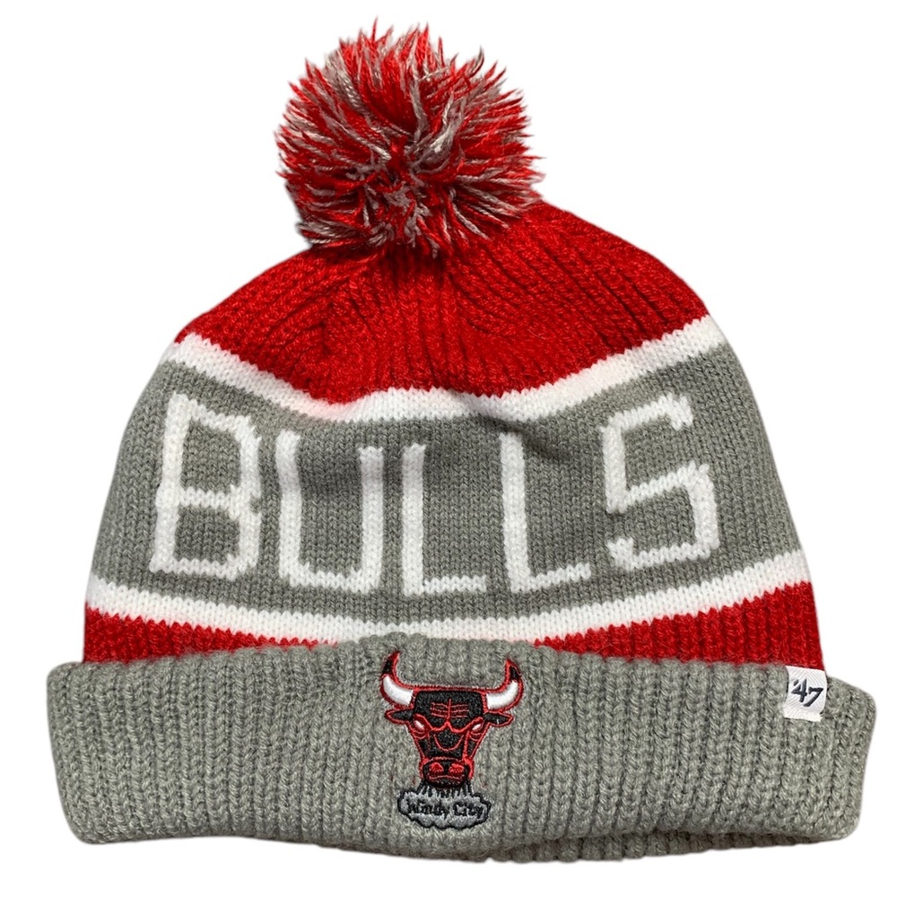 47 Brand NBA Chicago Bulls Beanie Grey Red Knit Pom Cuffed Hat Mens OS